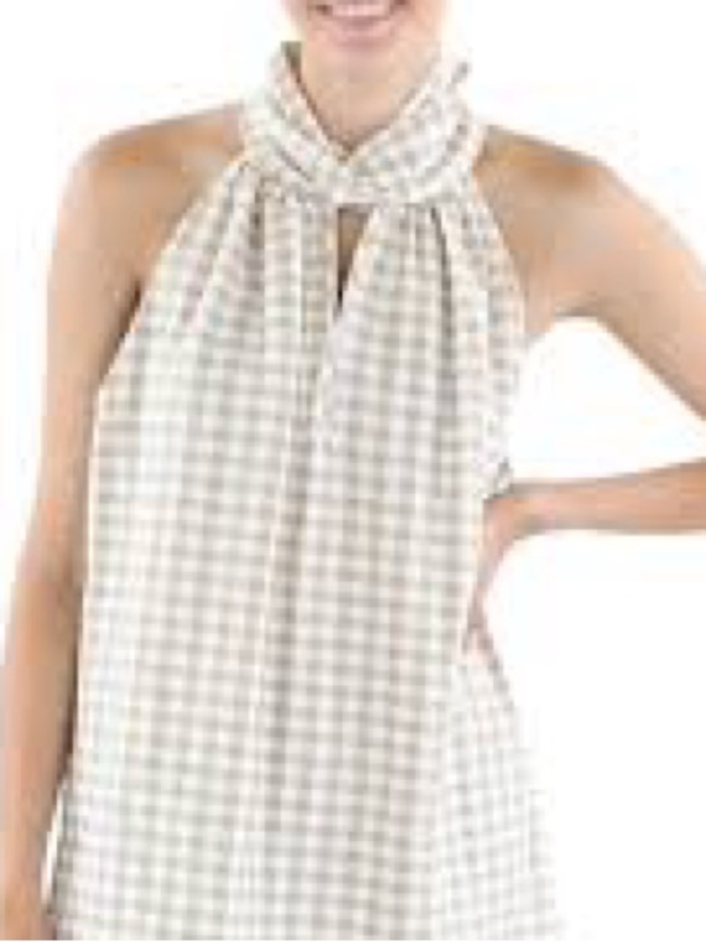 Sleeveless Bow Neck Gingham Top in Beige and White